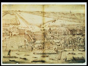 Uma visão panorâmica do Palácio de Whitehall, c. 1695 (tinta e tinta no papel)